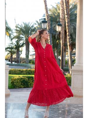 Сукня міді з бавовняного шиття на ґудзиках 5085-F-red-C